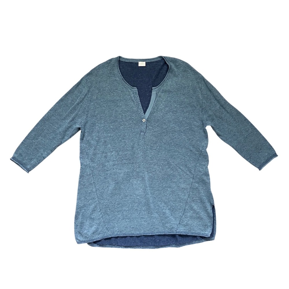 Poetry Blue Linen Cotton Blend Henley Sweater‎ 3/4 Sleeve Lagenlook US 8 coastal
